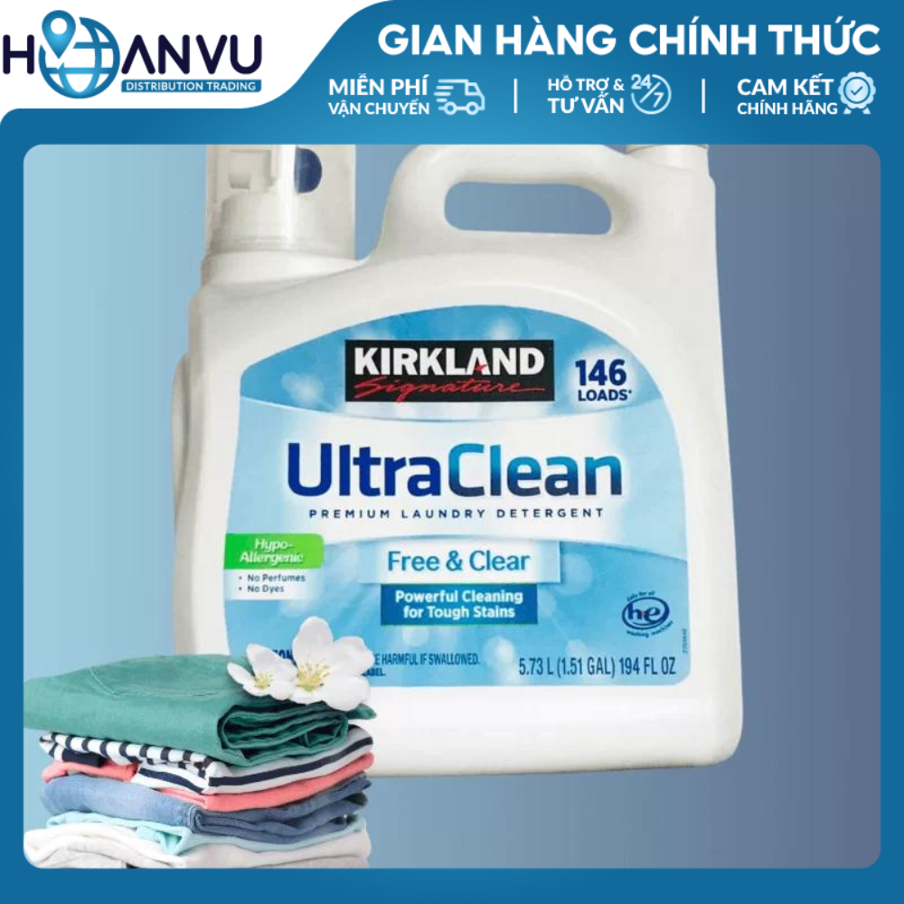 Nước Giặt Kirkland Signature Ultra Clean Free &amp; Clear HE Liquid Laundry Detergent (5.73L) - Mỹ