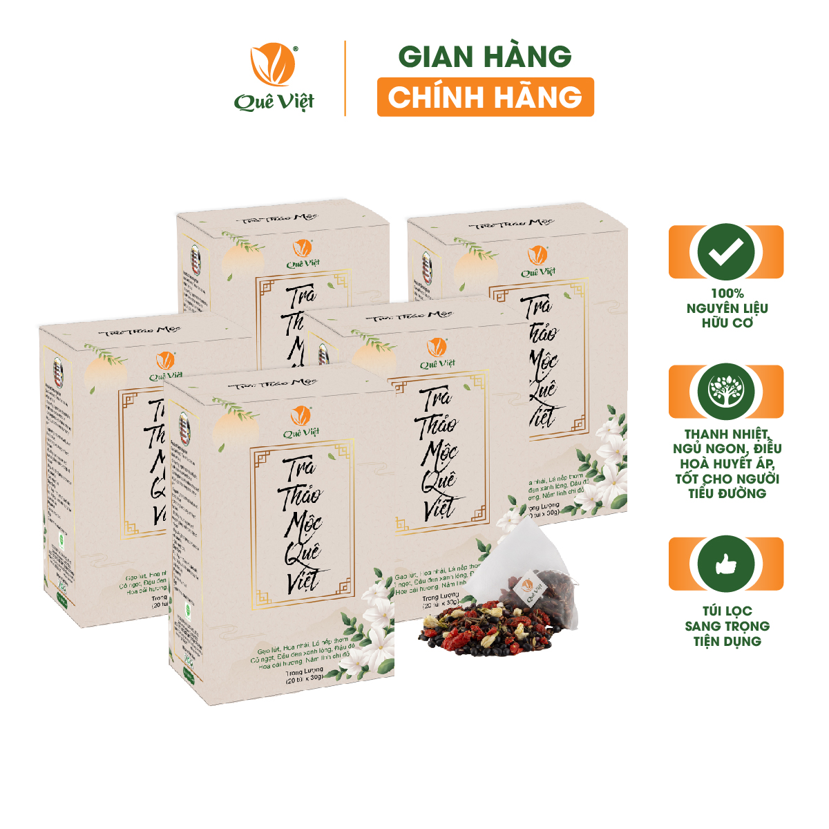 Trà thảo mộc Quê Việt - Mát gan, ngủ ngon, giảm căng thẳng mệt mỏi, nguyên liệu hữu cơ - combo 5 hộp 600g
