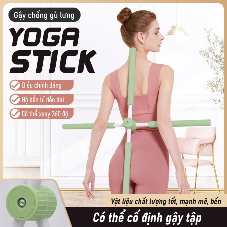 BG Gậy tập thẳng lưng GREEN, thanh gậy tập yoga chống gù lưng, mở vai hình chữ thập