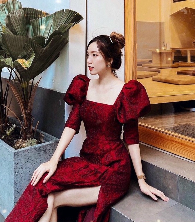 Đầm ôm body gấm lục dự tiệc tay phòng NT8272
