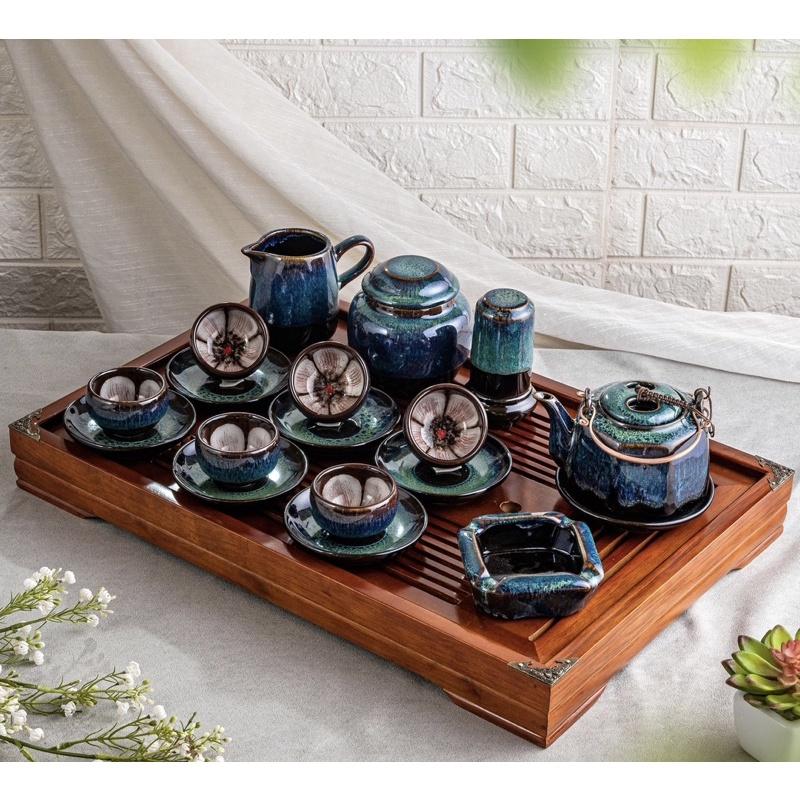 Bộ ấm chén lòng hoa + Phụ kiện, men hỏa biến. Hàng nghệ nhân gốm sứ Bát Tràng.