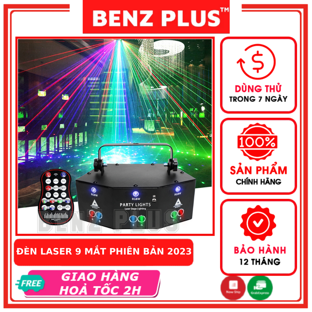 Đèn laser BENZ 9 mắt phiên bản 2023, phòng bay bar karaoke nháy theo nhạc, đèn party lights trang trí sự kiện, sinh nhật