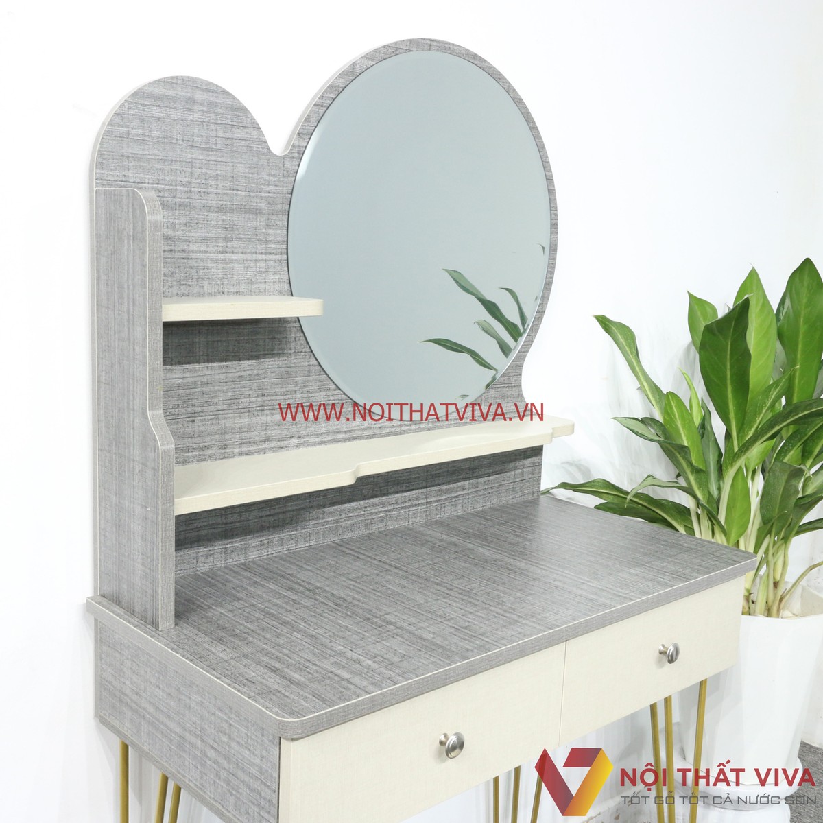 Bàn Trang Điểm Gỗ MDF Melamine Màu Vải Chân Sắt 2 Ngăn Kéo Gương Tròn