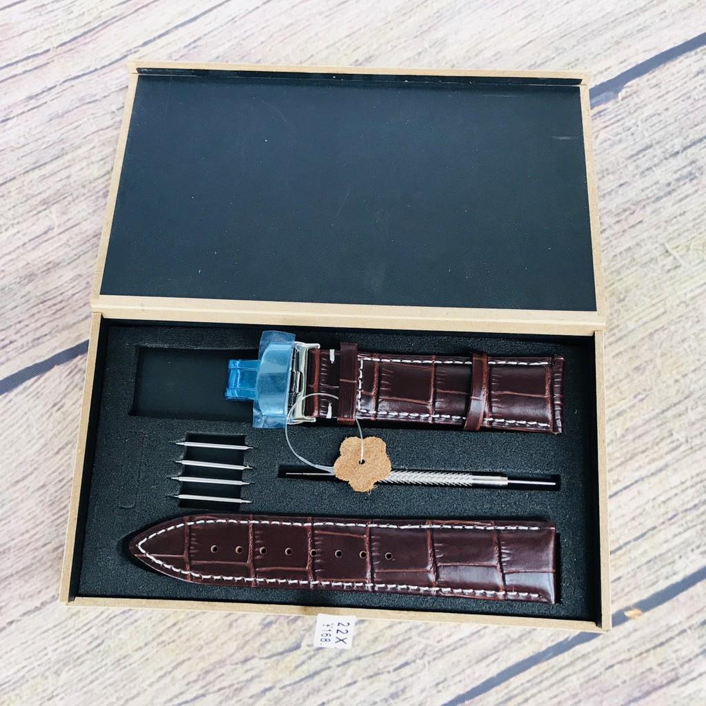 Dây đồng hồ ️️ da bò thật dập vân cá sấu full hộp gỗ, 4 chốt kèm dụng cụ thay dây