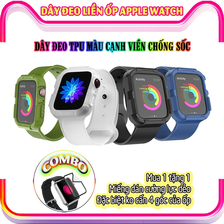 Dây Đeo liền ốp dành cho Apple Watch size 38/40/42/44mm TPU màu cạnh viền chống sốc - Đen (tặng dán KCL theo size)