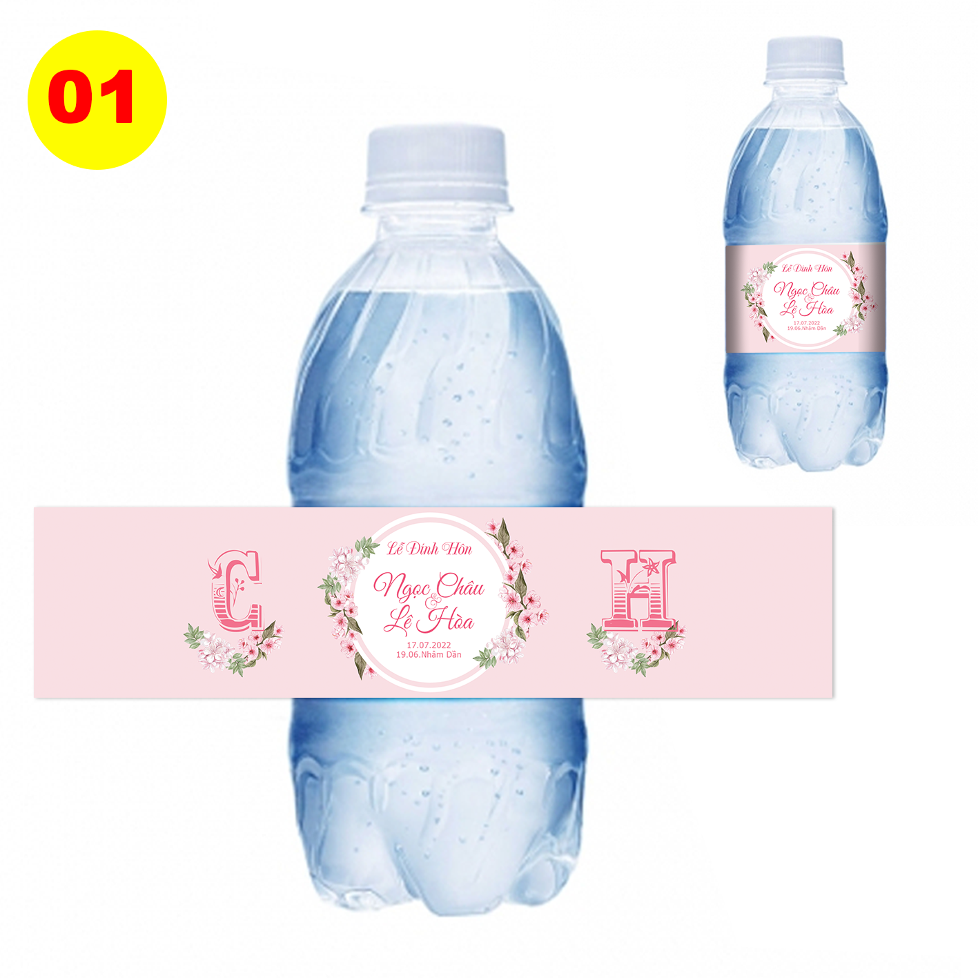 Decal nhãn dán chai nước đám cưới - chai tròn MS 01