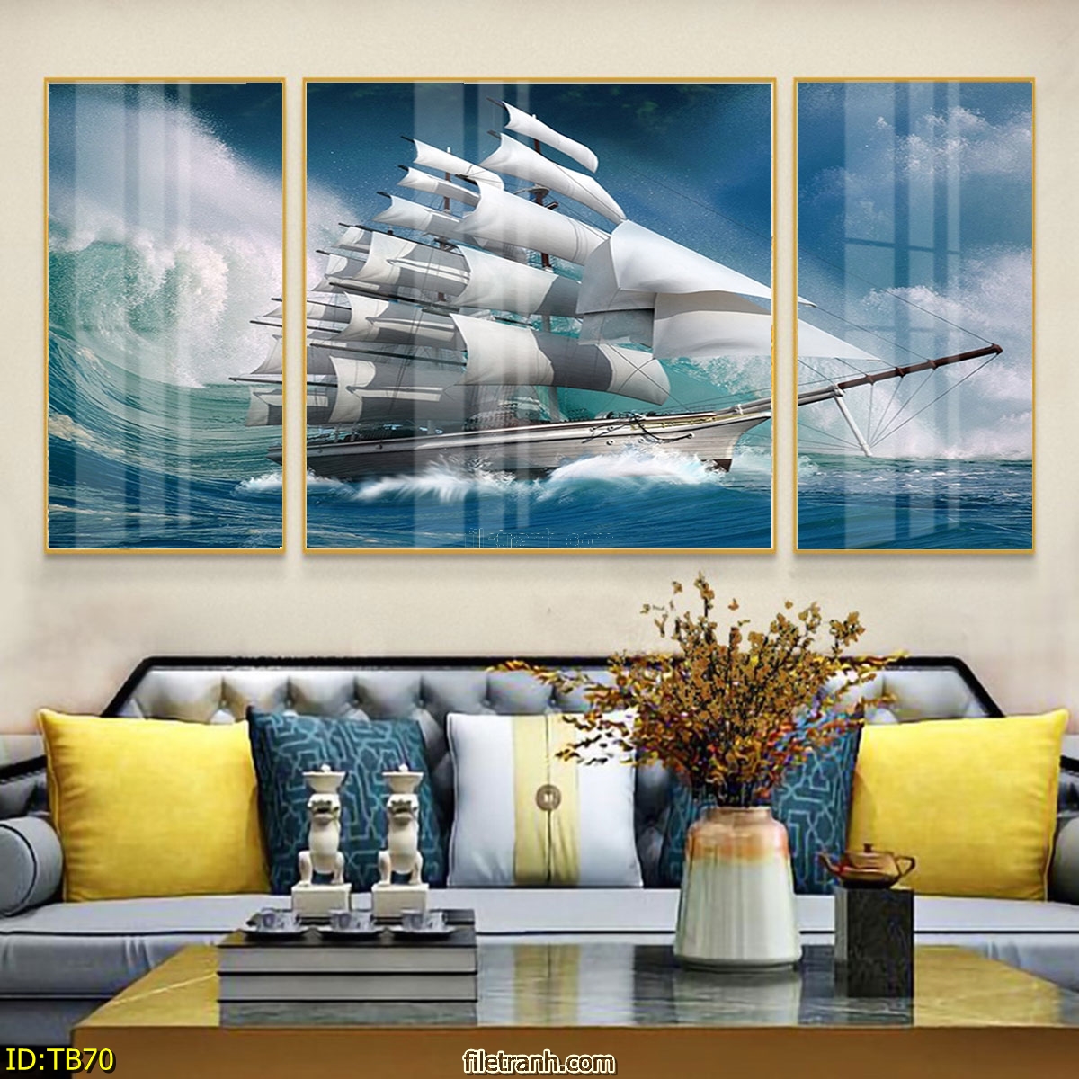 Tranh Canvas Thuận Buồm Xuôi Gió Phong Thủy Tài Lộc - Bộ 3 Bức Decor Phòng Khách Đẹp