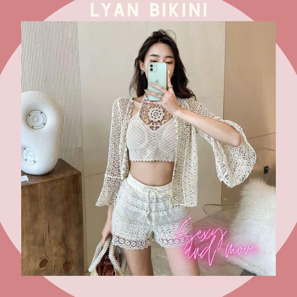 Bikini len móc, đồ bơi nữ 2 mảnh áo choàng len kín đáo cao cấp đi biển LYAN BIKINI B20