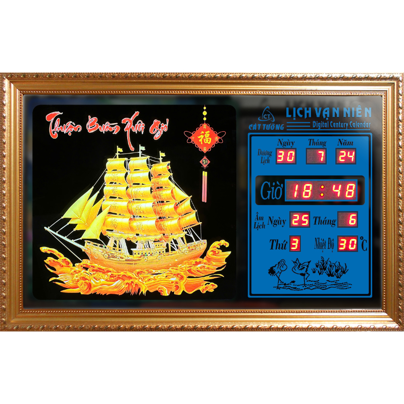 Đồng hồ Lịch Vạn Niên tranh đèn treo tường hiệu Cát Tường_tranh Thuận Buồm Xuôi Gió 55406_KT 55x35x7cm_Có 2 loại (Không remote đèn và Có remote đèn)