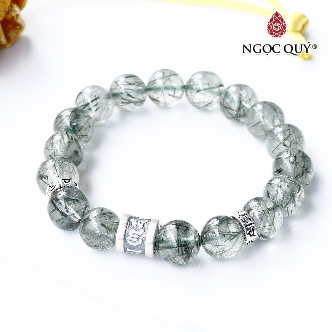 Vòng thạch anh tóc xanh phối charm lục tự bạc mệnh hỏa, mộc - Ngọc Quý Gemstones