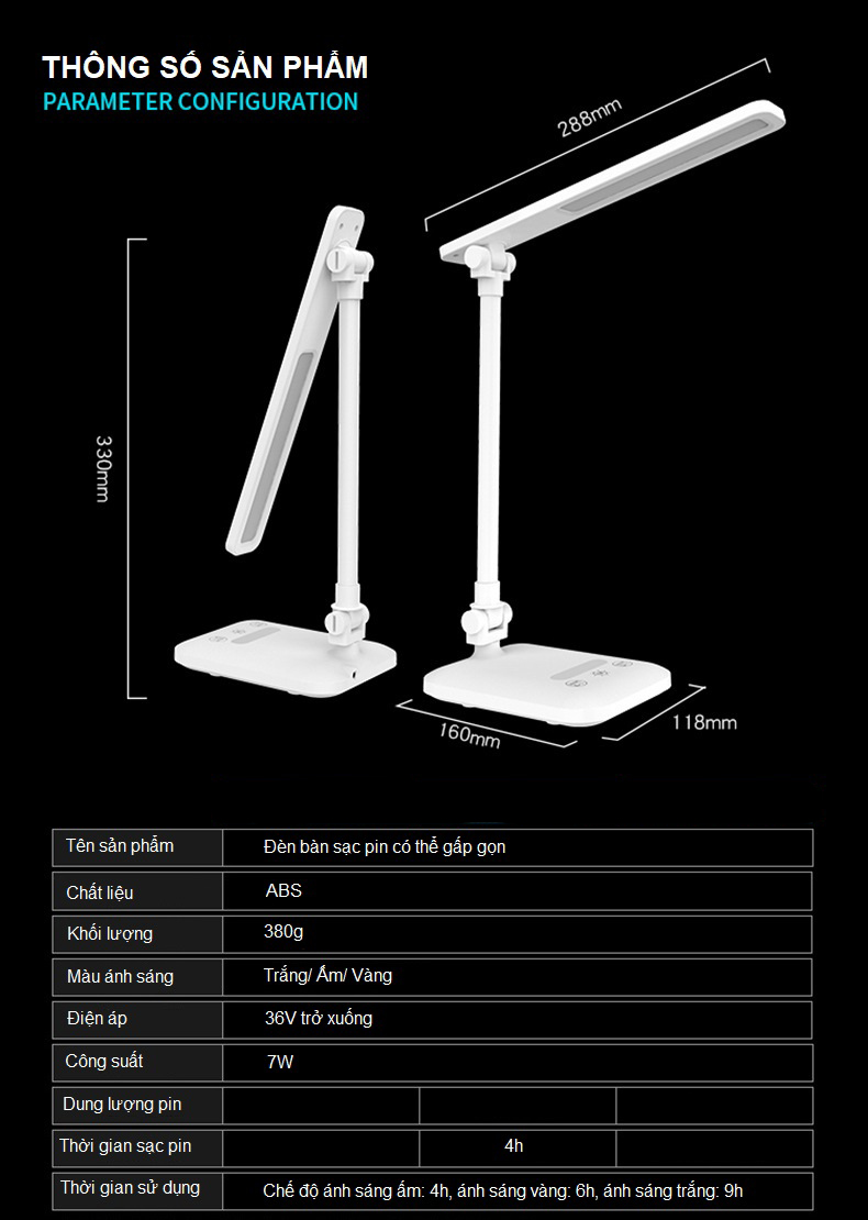 Đèn Bàn Học LED USB Di Động Cao Cấp - Đèn Làm Việc Sang Trọng Để Bàn Chống Chói Mắt Bảo Vệ Mắt - Có Thể Gập Hai Chỗ – 03 Chế Độ Ánh Sáng Vàng Bảo Vệ Mắt Chống Cận - Hàng Chính Hãng - VinBuy