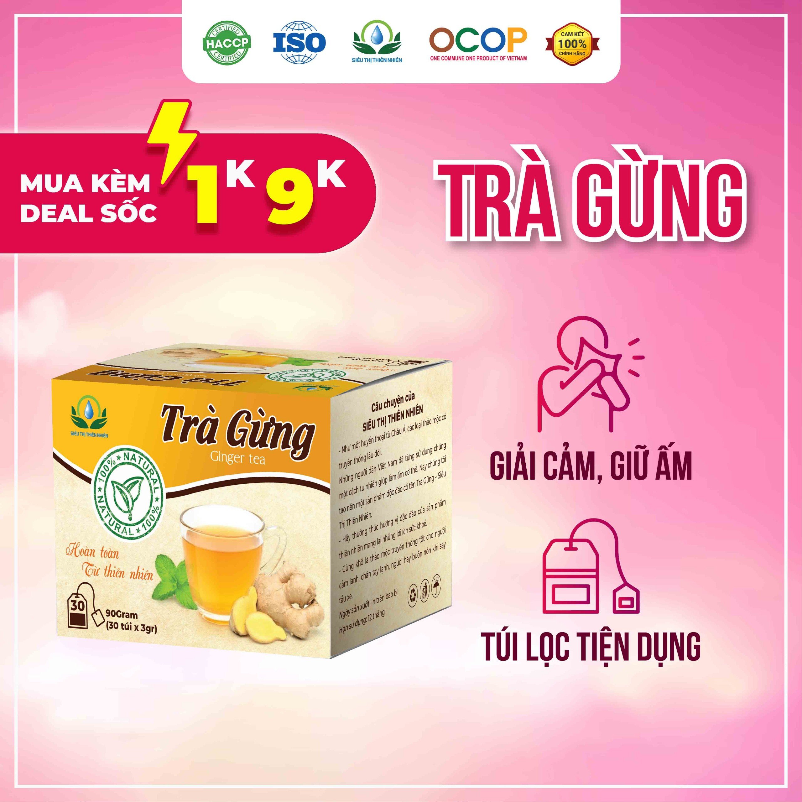 Trà Gừng hộp 30 Túi Lọc x 3gram Siêu Thị Thiên Nhiên, giải cảm, giảm ho, làm ấm cơ thể