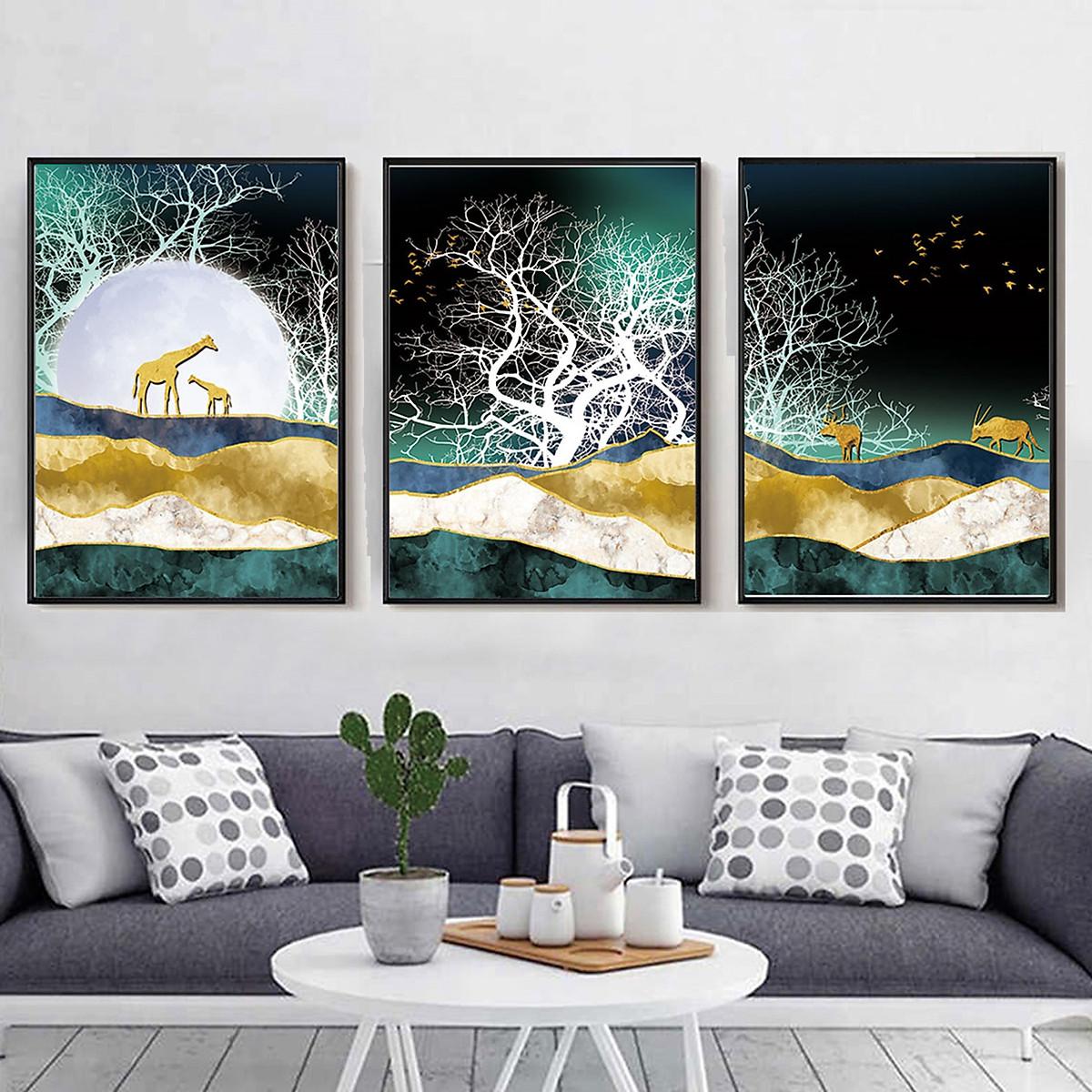 Tranh Tráng Gương Sang Trọng Treo Tường Hiện Đại _ Tranh Pha Lê Bộ 3 Động Vật Trong Đêm Rừng Đẹp