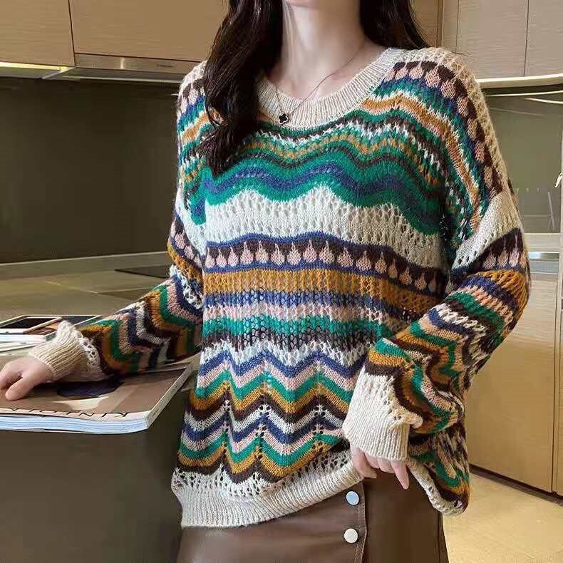 Áo len nữ form rộng phối màu trẻ trung mẫu mới Ah09
