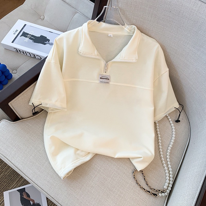 Set đồ bộ nữ freesize mặc nhà áo thun polo tay lỡ khóa kéo cổ phông form rộng + quần đùi in logo SQL