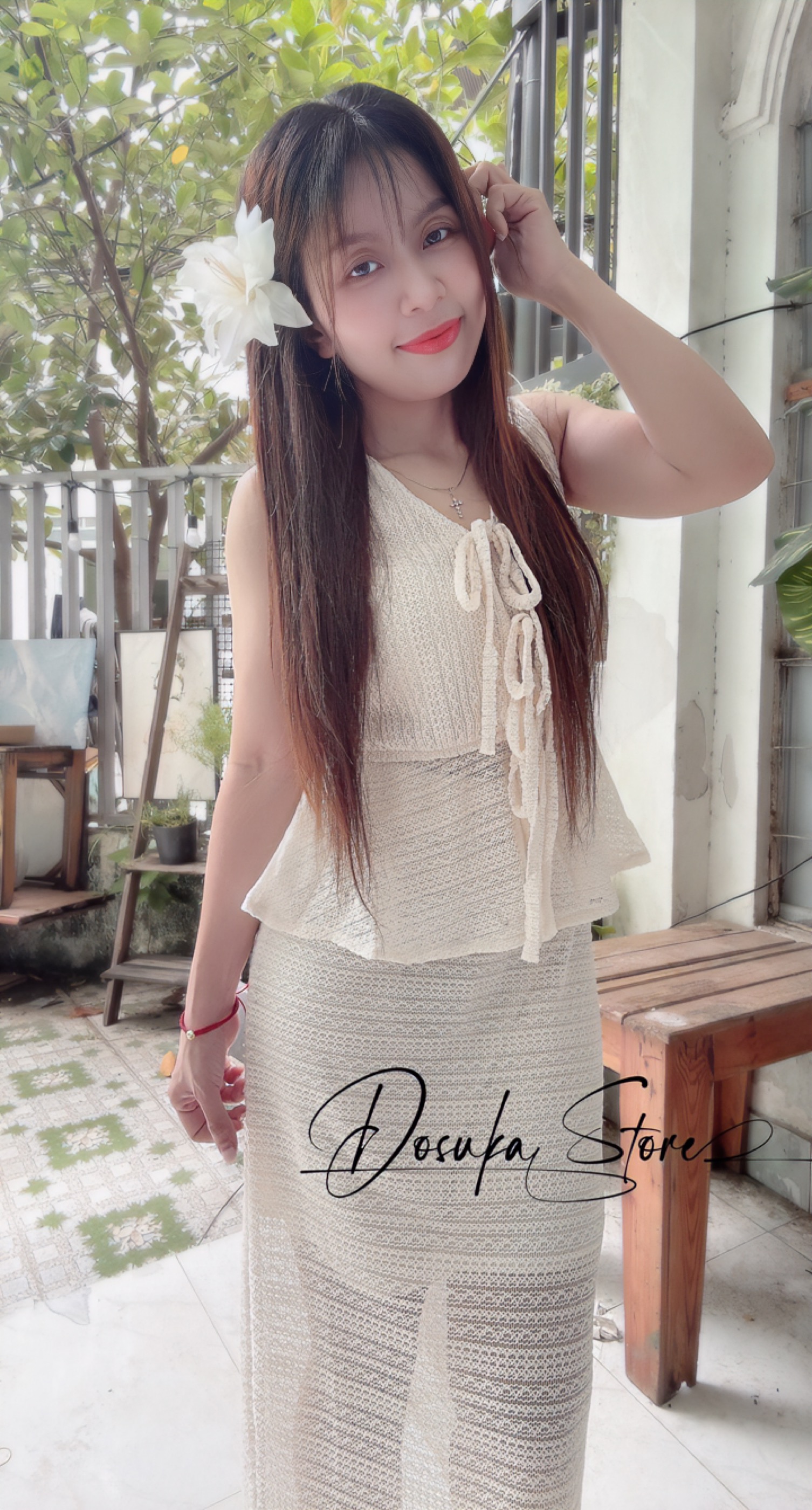 Set len váy dài cột nơ siêu hot