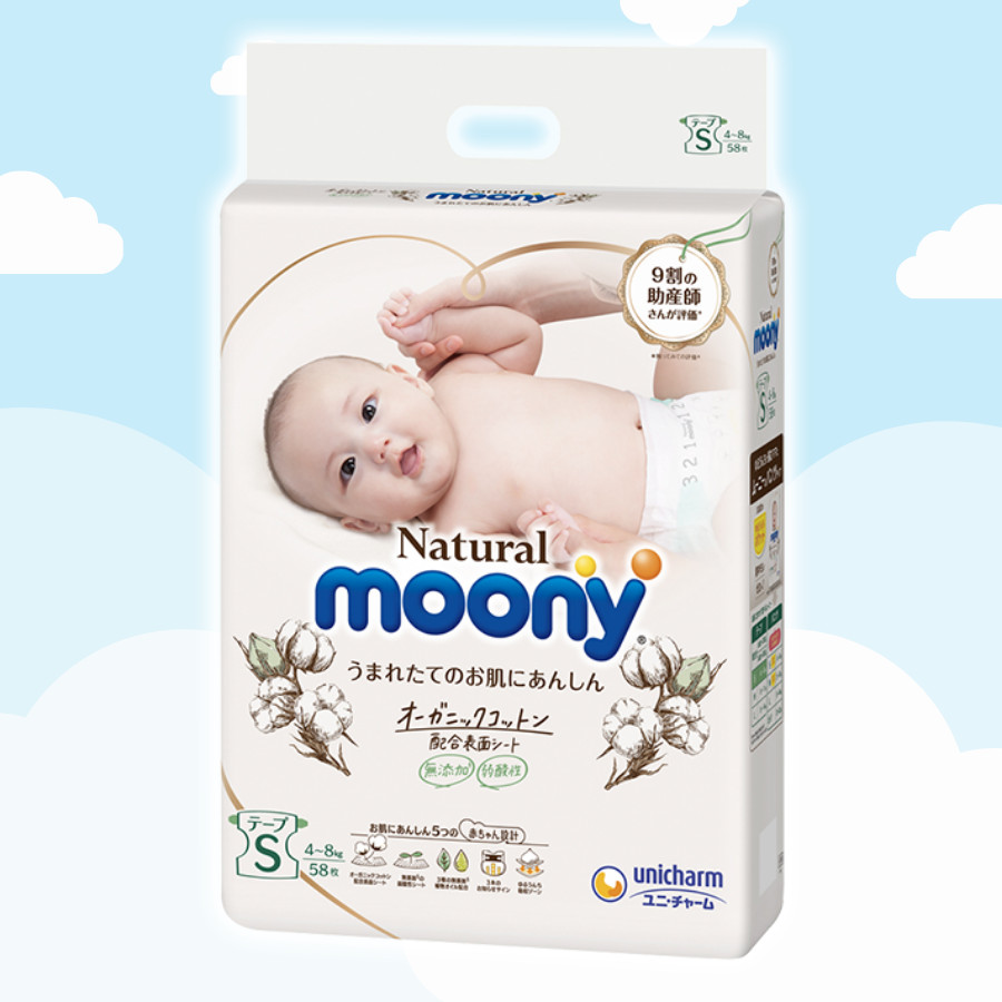 Tã/Bỉm dán Moony Natural Size S- 58 miếng( bé 4- 8kg)