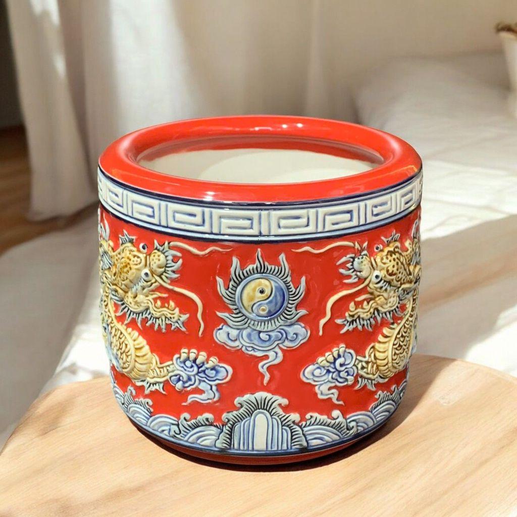 Bát Hương Rồng Đắp Nổi Cao Cấp Men Đỏ RỒNG VIỆT - Gốm Sứ Bát Tràng Bát Nhang Lư Hương Đẳng Cấp