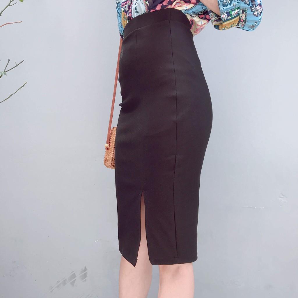 Chân váy công sở dài bigsize màu đen ôm body xẻ trước dài 63cm [size từ 48kg-85kg