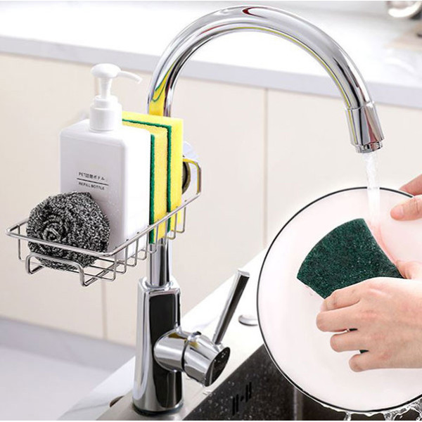 COMBO Kệ Inox Để Đồ Rửa Chén Bát + Móc Dính Chổi, Cây Lau Nhà - Tặng 1 gương cầm tay