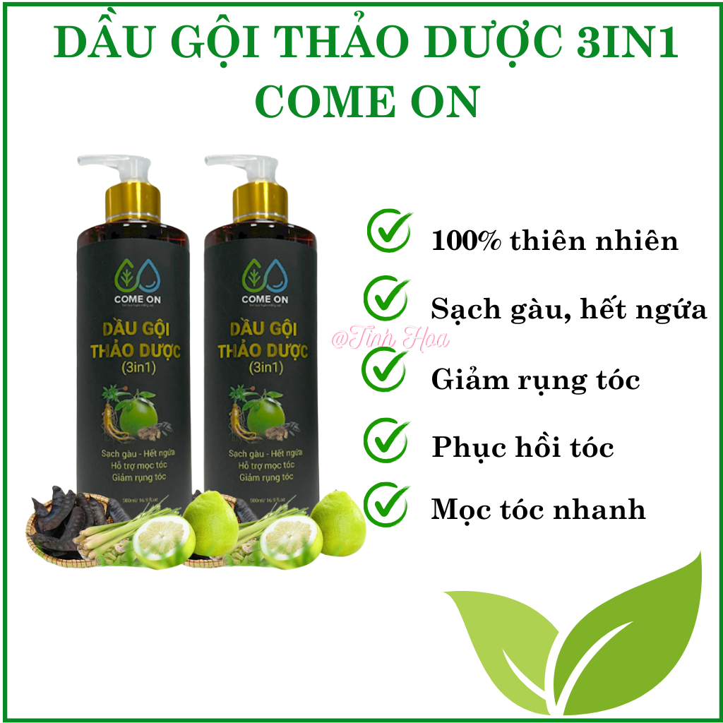Dầu gội thảo dược 3in1 Come On chai 500ml, tặng túi thơm cà phê dầu gội thảo dược dưỡng tóc khỏe sạch gàu ngăn rụng tóc