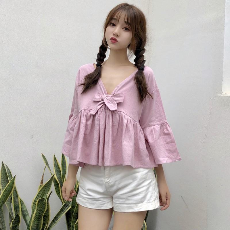 ÁO BABYDOLL NỮ PHỐI NƠ 2 MÀU HỒNG, TRẮNG CHẤT THẤM MỒ HÔI HÈ 2021