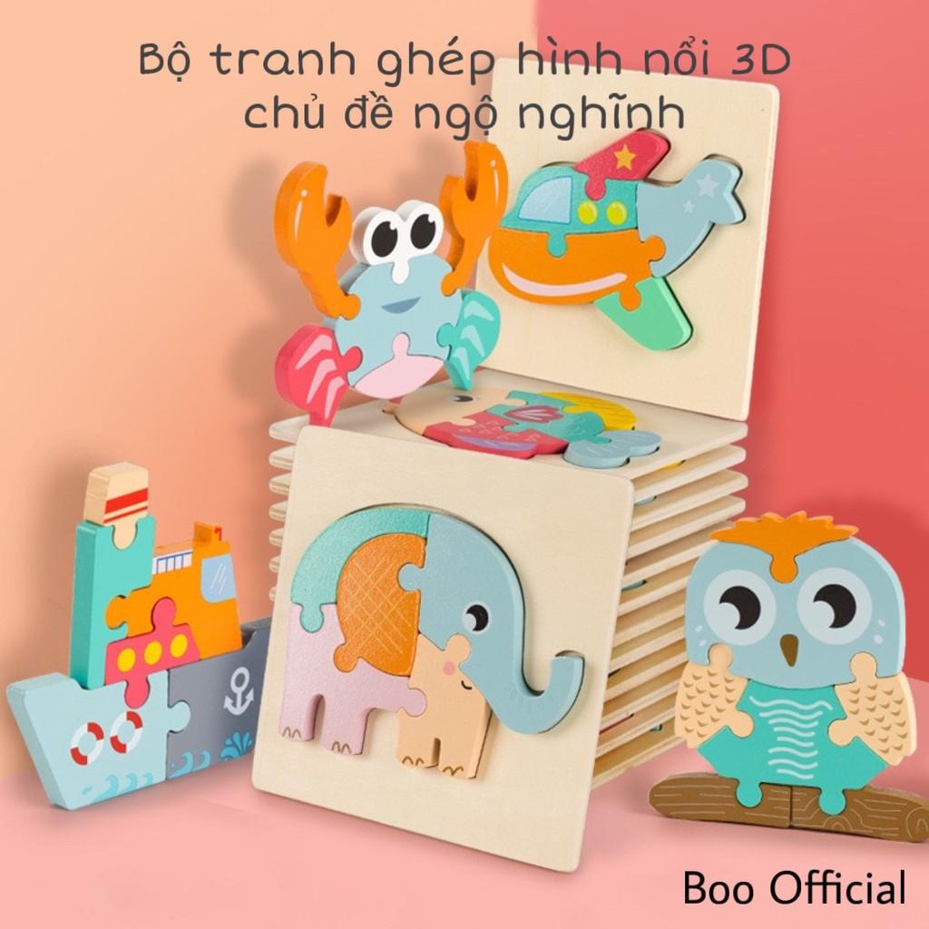 Đồ chơi ghép hình nổi 3D bằng gỗ chủ đề con vật và phương tiện ngộ nghĩnh kích thước 15x15cm