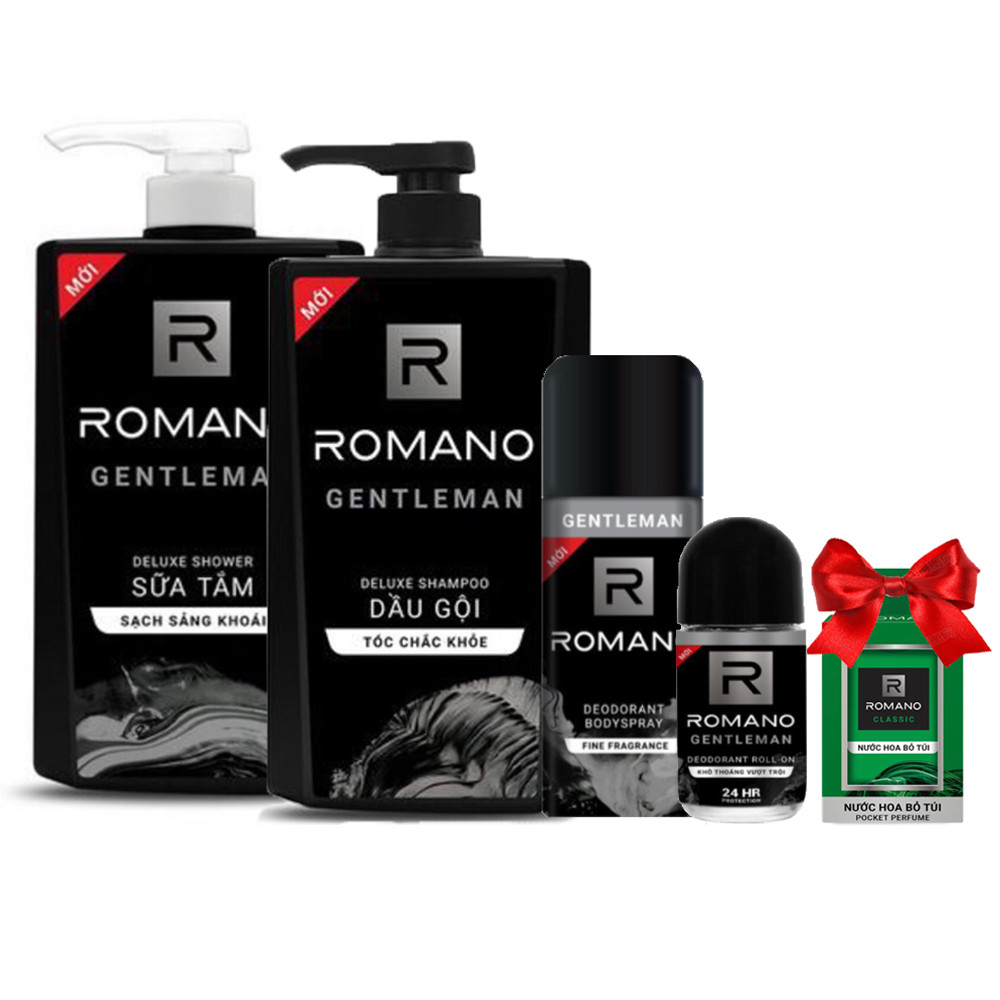 Bộ Romano Gentleman: Dầu gội 650g, sữa tắm 650g, xịt khử mùi 150ml,lăn khử mùi 50ml +Tặng kèm nước hoa bỏ túi 18ml