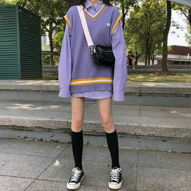 (Có sẵn) Áo gilê len màu hoa oải hương ulzzang