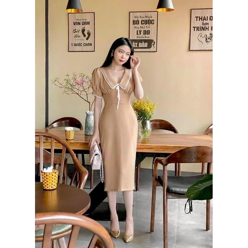 Đầm Midi Nude Viền Ren Nơ Ngực - Kèm Hình Thật