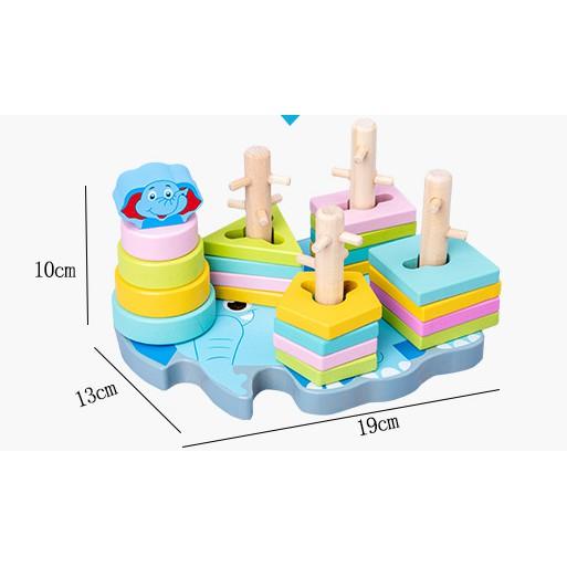 Đồ chơi gỗ thả khối 5 cọc đế hình voi cho bé - Đồ chơi giáo dục trẻ em