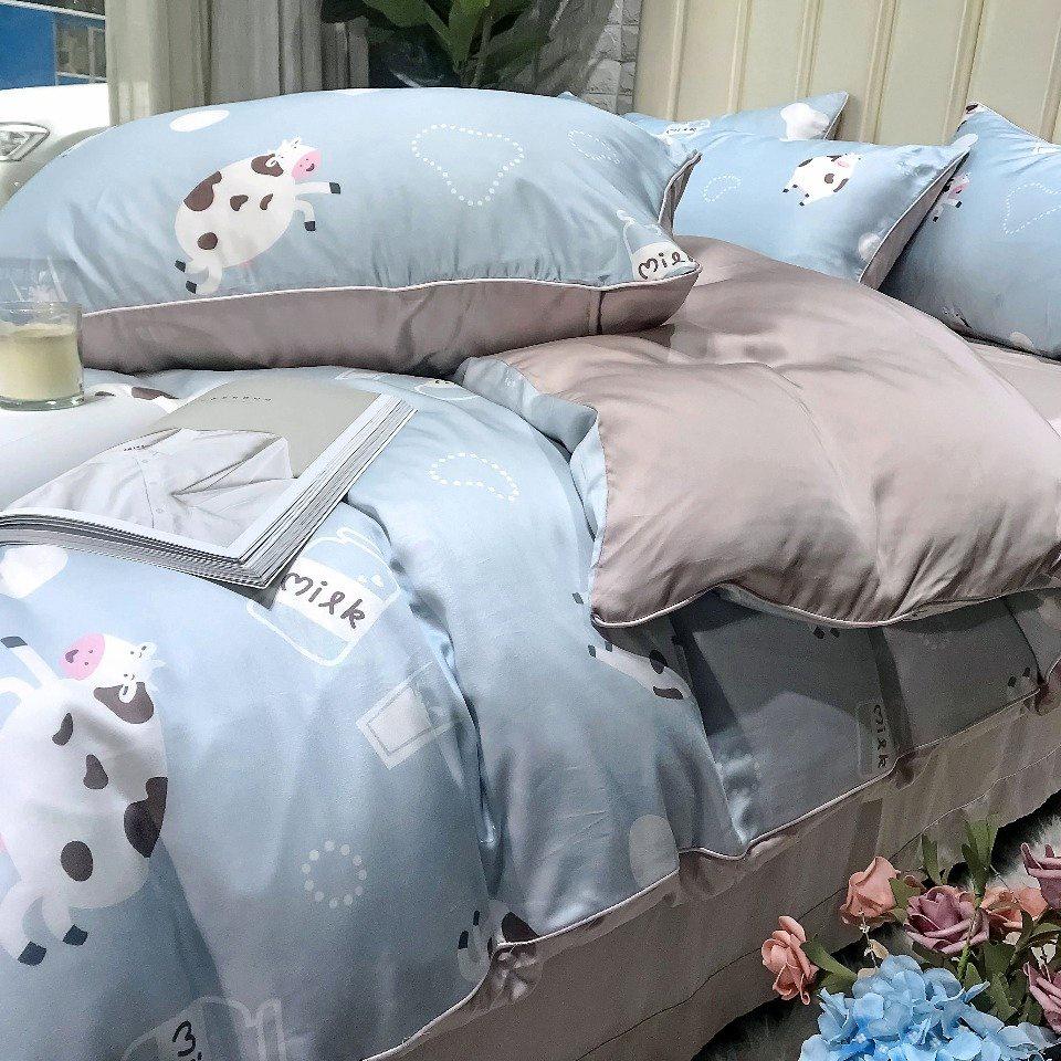 Bộ chăn ga gối mùa hè100% lụa tencel , siêu cao cấp, MỀM MỊN, MÁT DA - họa tiết Bò Sữa dễ thương