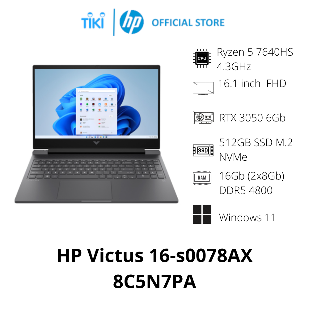 Laptop HP Gaming Victus 16-s0078AX 8C5N7PA (Ryzen 5 7640HS/ 16GB/ 512GB SSD/ Nvidia GeForce RTX 3050 6Gb GDDR6/ 16.1inch FHD/ Windows 11 Home/ Black/ Vỏ nhựa) - Hàng Chính Hãng