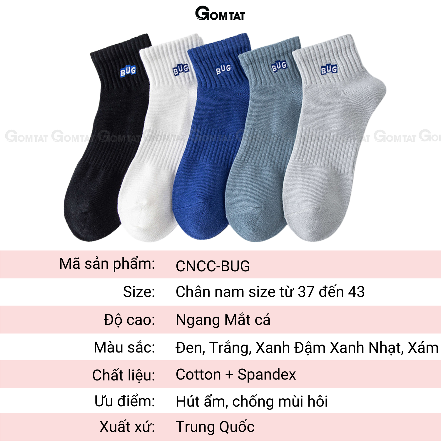 Set 5 đôi tất vớ nam cổ ngắn GOMTAT cao cấp mẫu Bug, chất liệu cotton mềm mại thoáng mát cực êm chân - CNCC-BUG