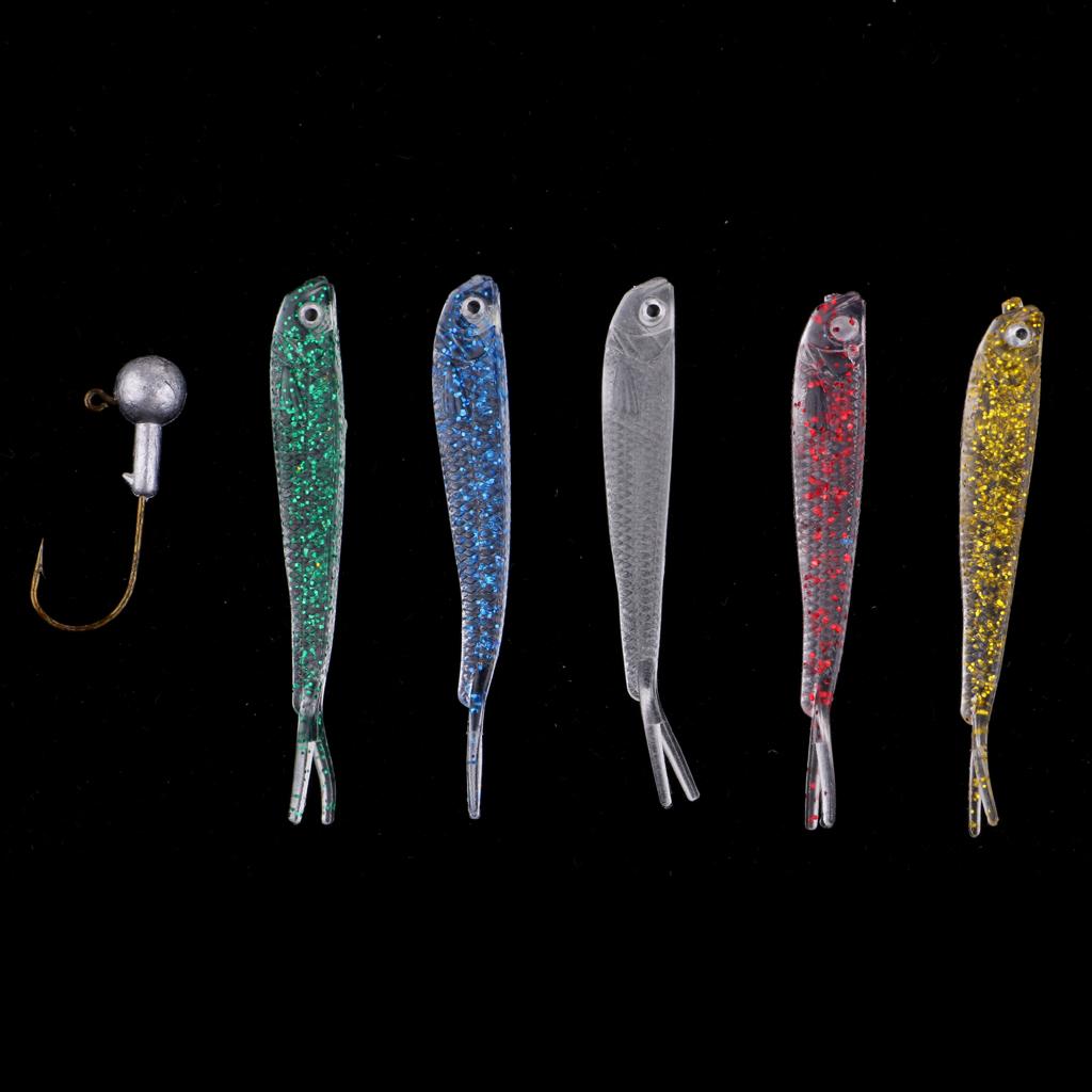 50pcs Soft Plastic Bass Fishing Lure Bait with Jig Head Worm Hooks Lure Box