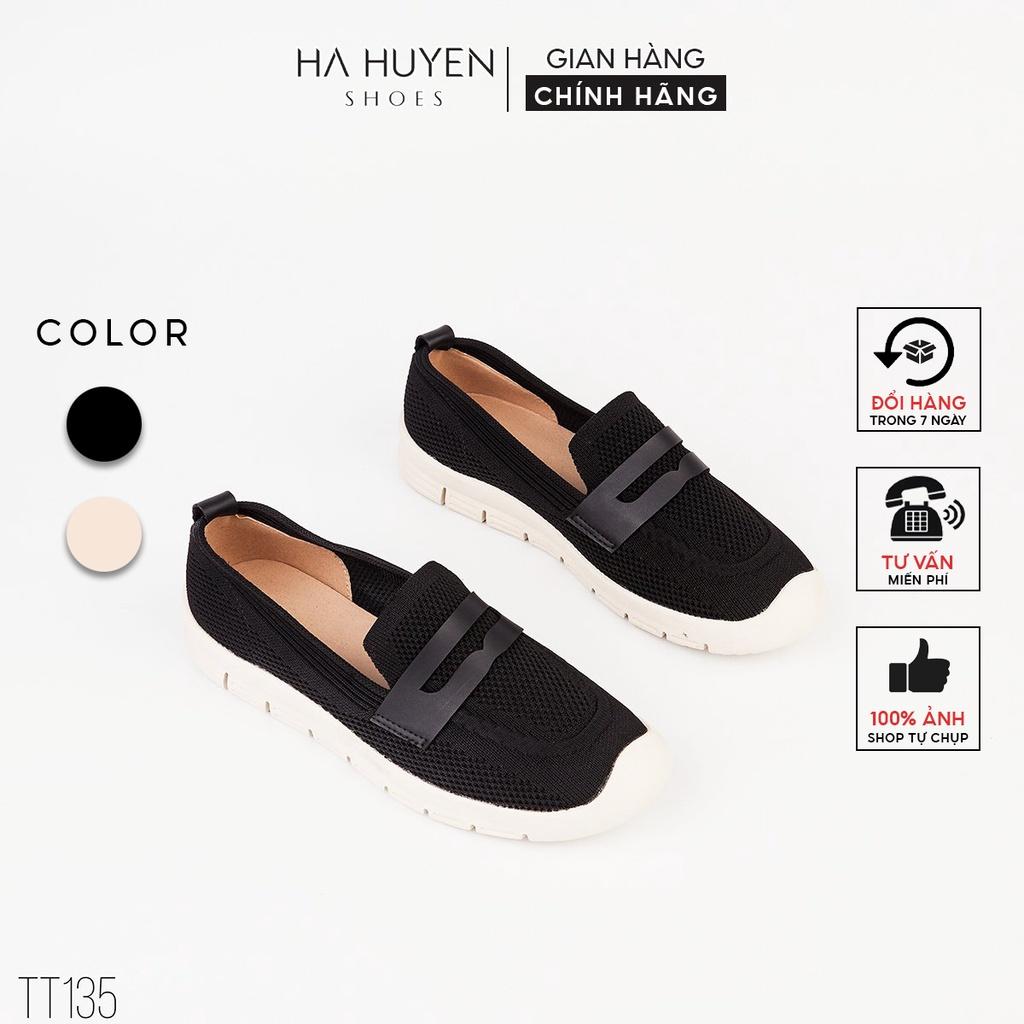 Giày slip on nữ Hà Huyền Shoes vải len lỗ phối đai da ngang dáng thể thao năng động - TT135