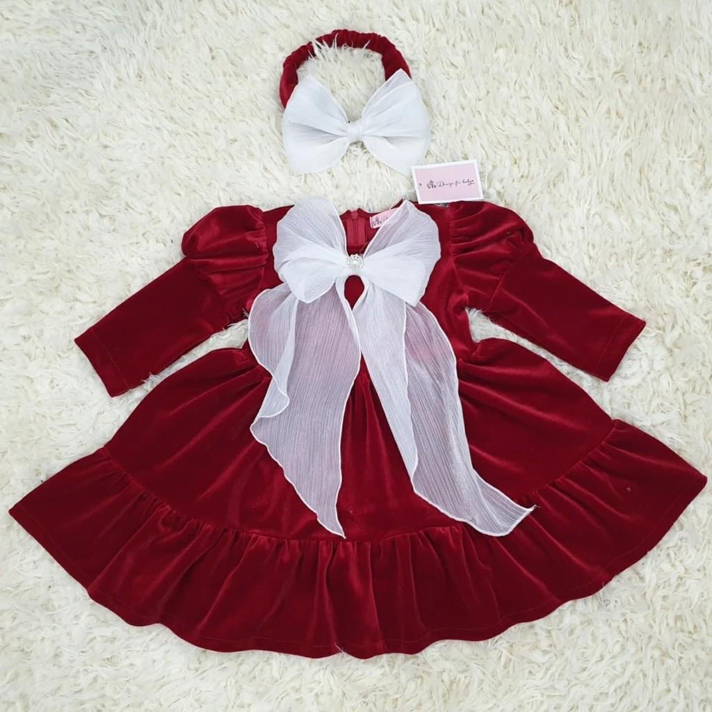 Váy nhung đỏ Cổ Nơ trắng