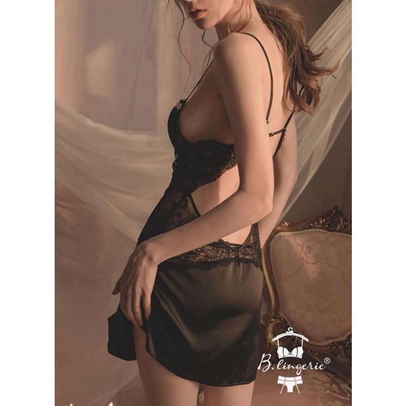 Váy Ngủ Đen Lụa 2 Dây - B.Lingerie