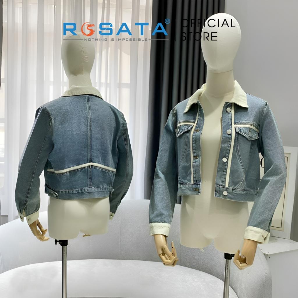 Áo khoác nữ ROSATA K34 croptop jeans phối kem thời trang tay dài màu xanh cao cấp Freesize xuất xứ Việt Nam