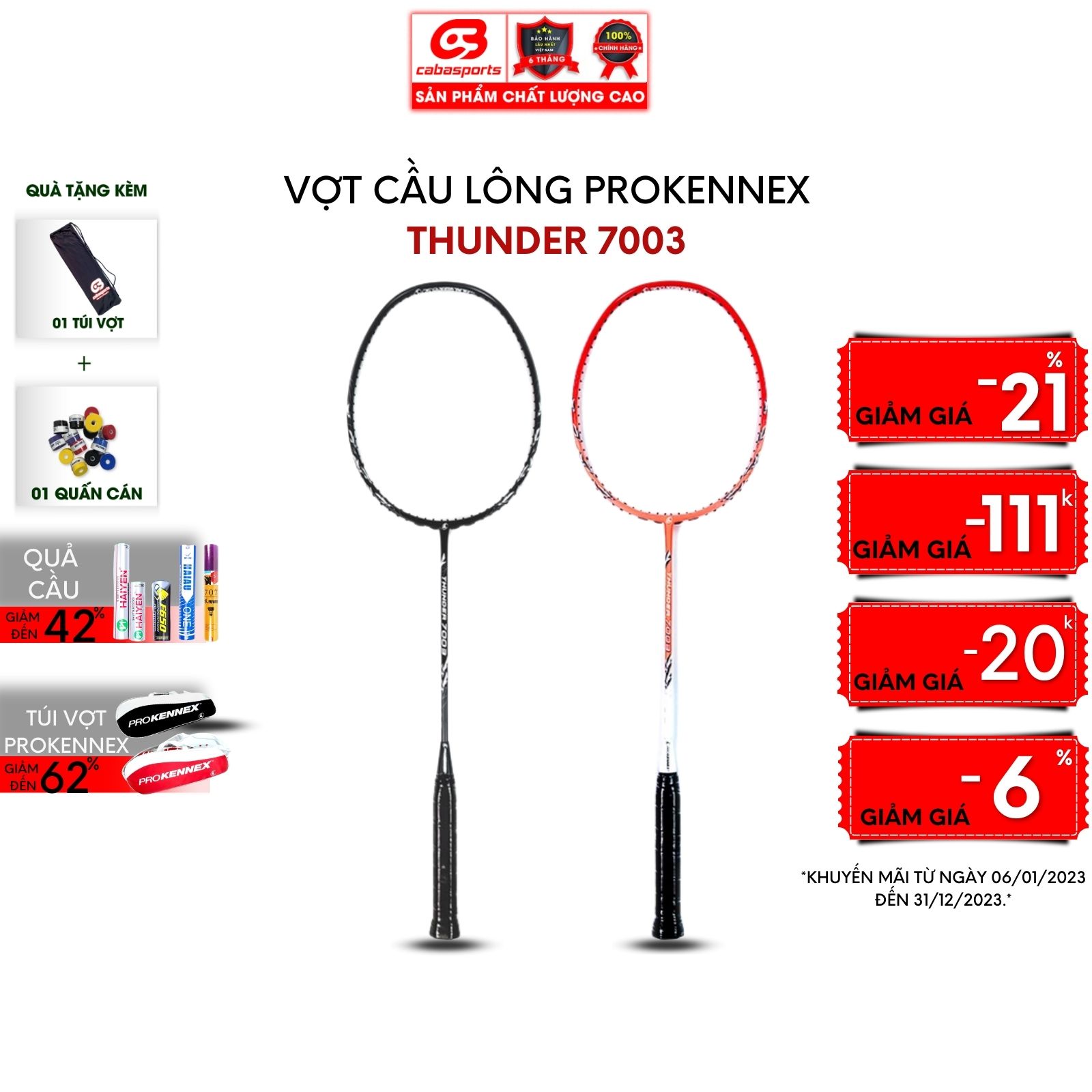 VỢT CẦU LÔNG PROKENNEX THUNDER 7003 CHẤT LƯỢNG CHÍNH HÃNG ĐÃ ĐAN LƯỚI TRỢ LỰC (1 cây) - Tặng kèm quấn cán và túi vải Cabasports