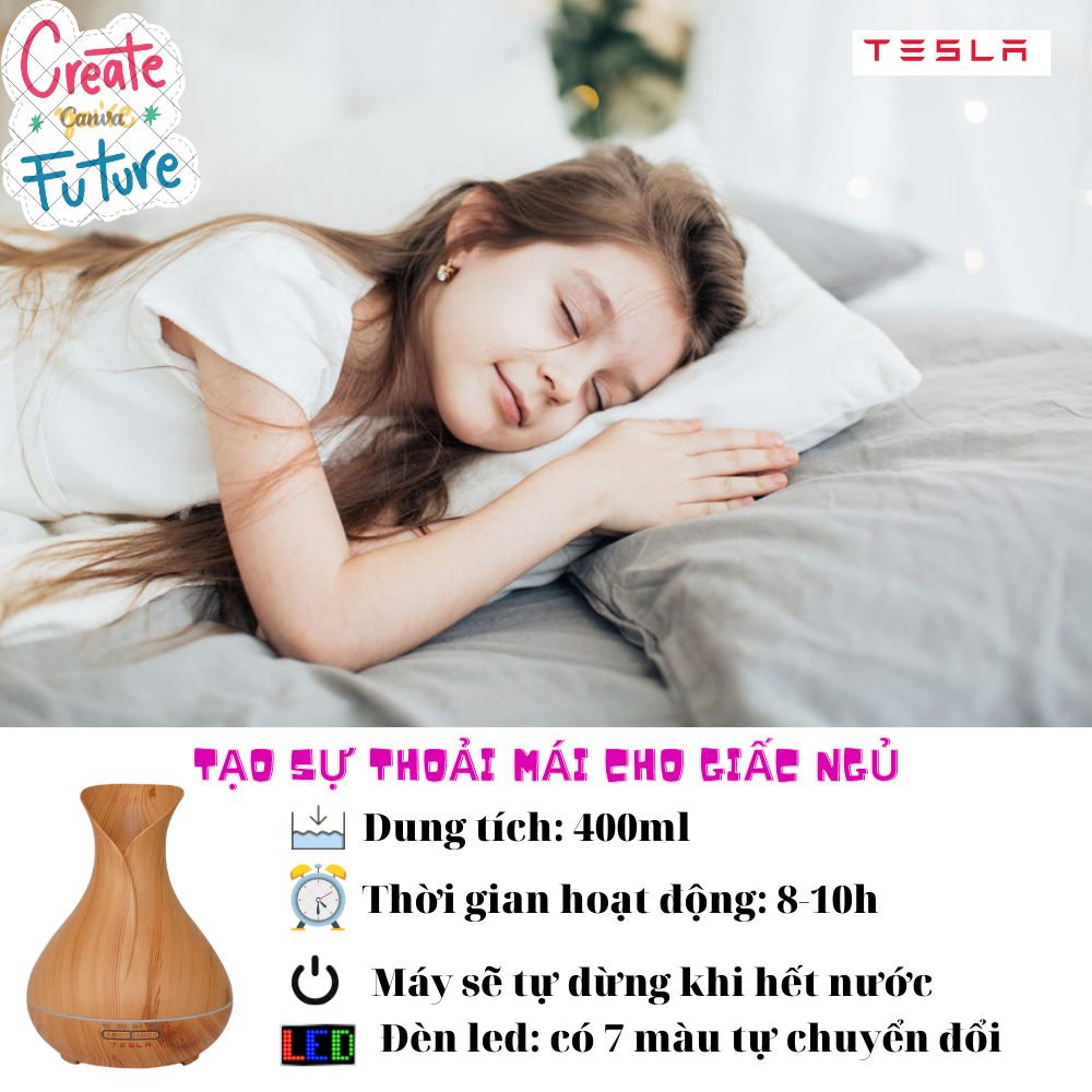 Máy khuếch tán tinh dầu TESLA - Máy xông tinh dầu hình hoa Tulip TL029 cho phòng khách có đèn 7 màu tự chuyển đổi