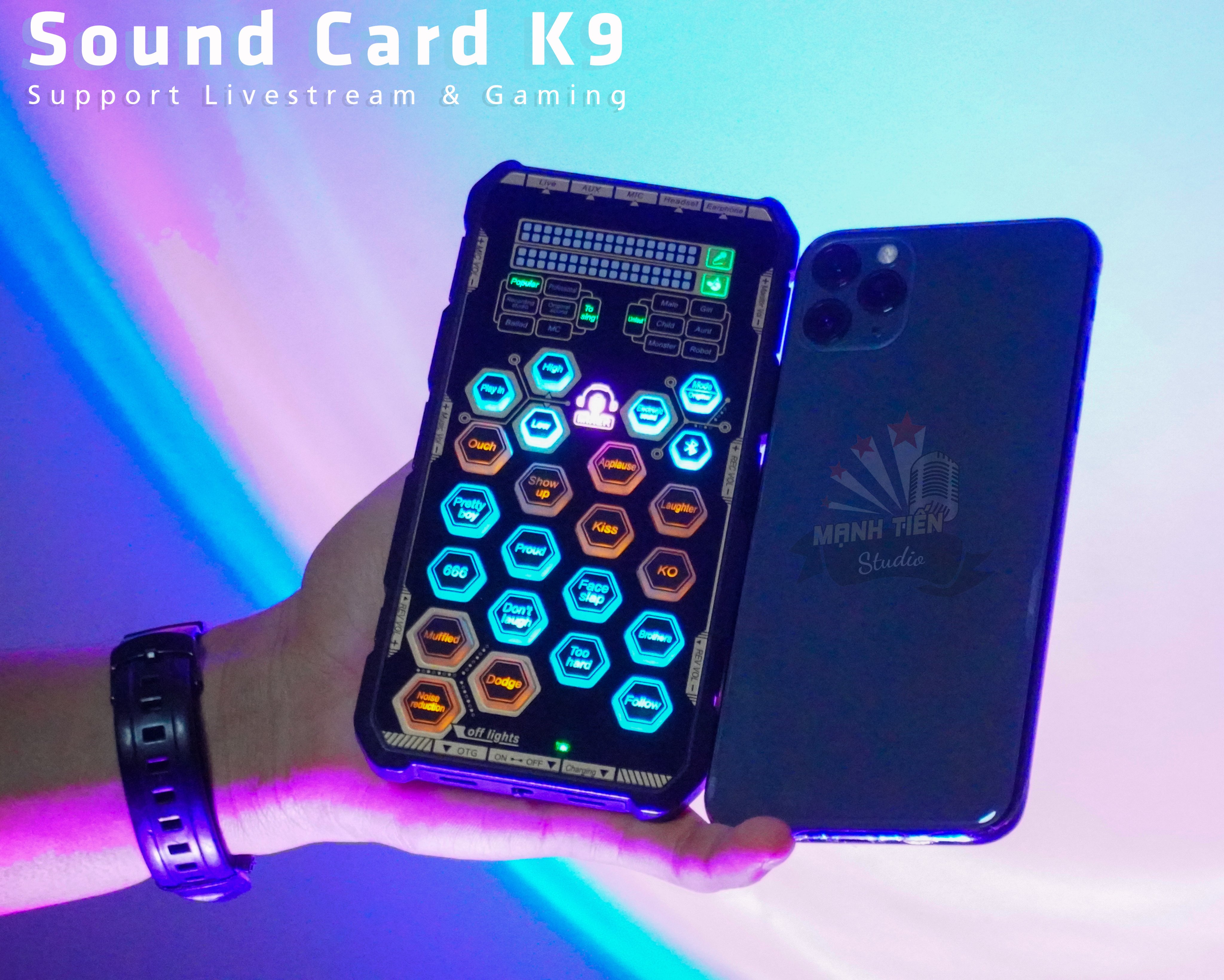 Sound card K9 mobile - Chơi game, thu âm, livestream, karaoke online, pk chỉ cần thêm tai nghe - Hỗ trợ auto tune đổi giọng, hiệu ứng vui nhộn - Bluetooth 5.0, giảm tiếng ồn, trang bị pin sạc - Kết nối dễ dàng với smartphone, máy tính, tablet...