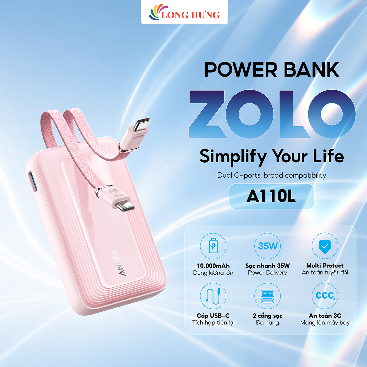 Sạc dự phòng Anker Zolo Power Bank 1USB 1Type-C 35W 10000mAh A110L - Hàng chính hãng