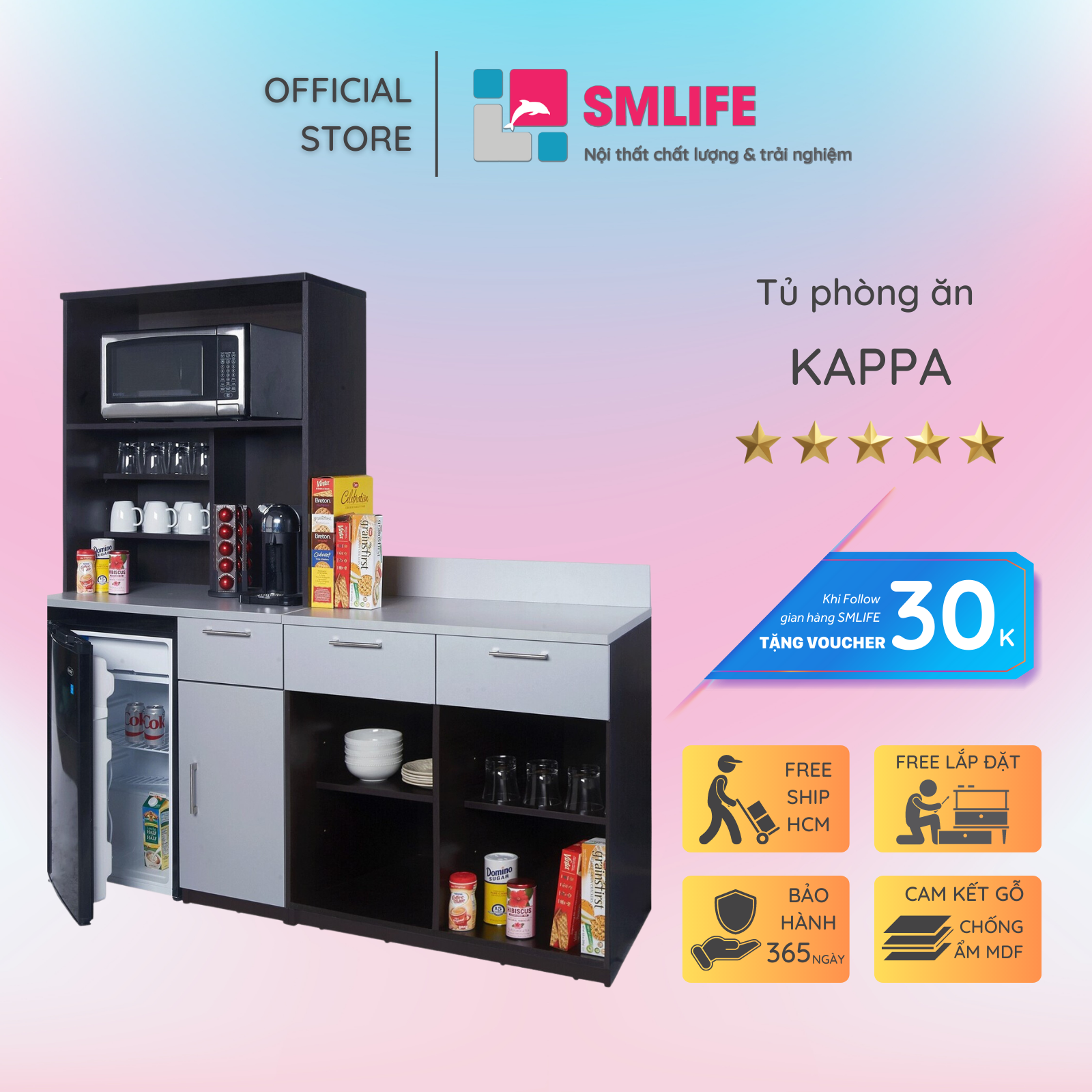 Kệ gỗ nhà bếp hiện đại SMLIFE Kappa | Gỗ MDF dày 17mm chống ẩm | D180xR60xC137cm