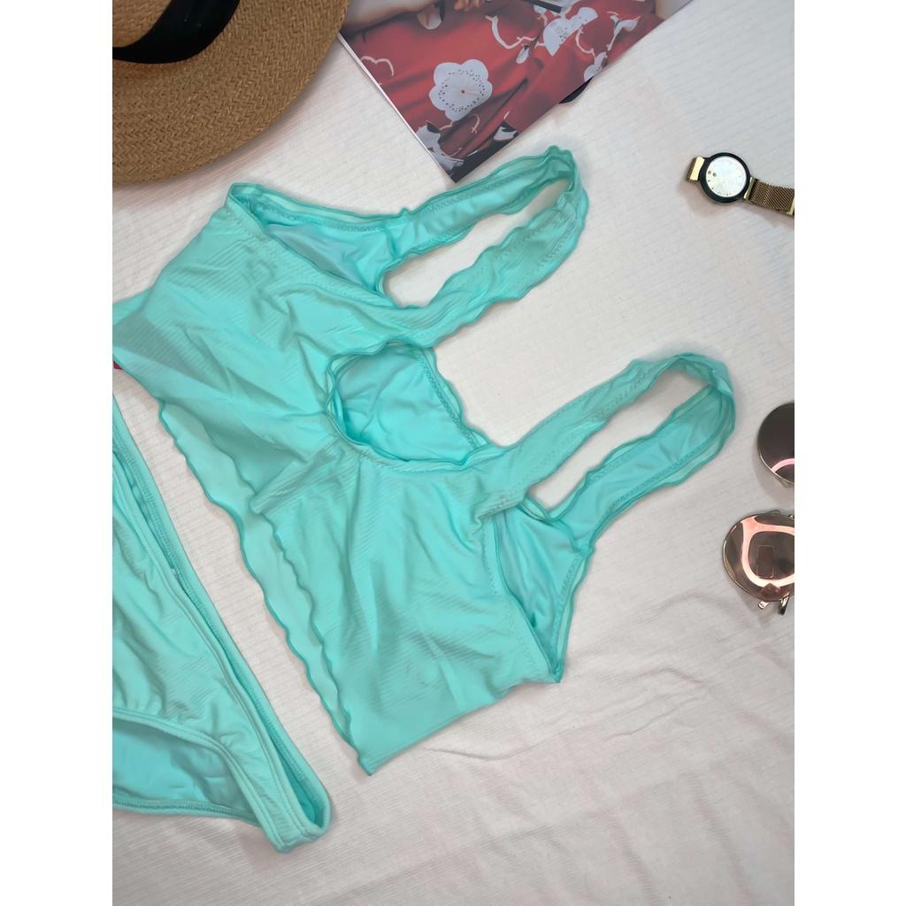 Bikini đồ bơi đi biển 2 mảnh 2 lớp xanh ngọc vải kẻ tăm bèo nhún cổ chữ U- by Clothing De Katie