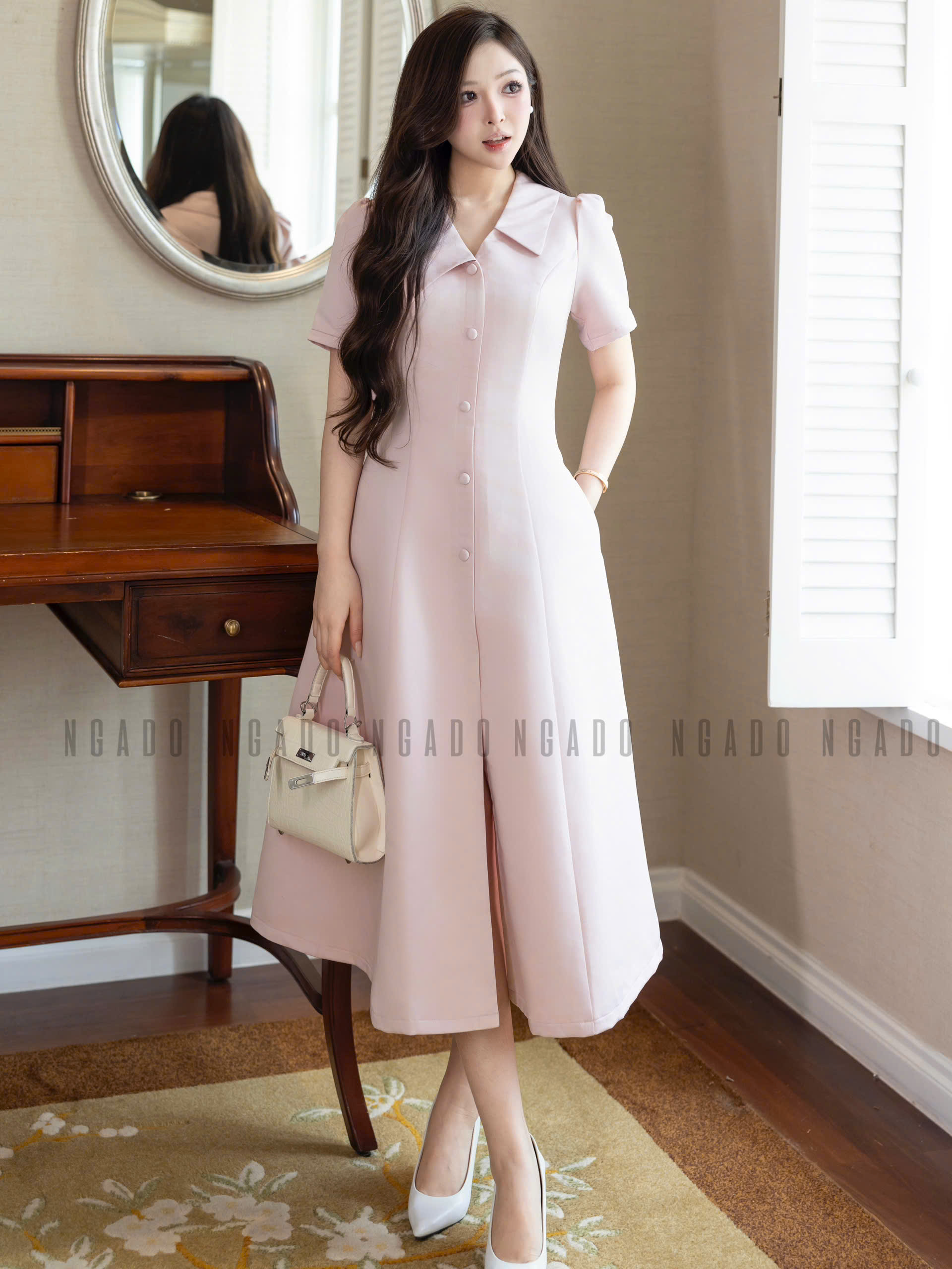 Đầm hồng cổ vest NGADO , đầm công sở , dự tiệc