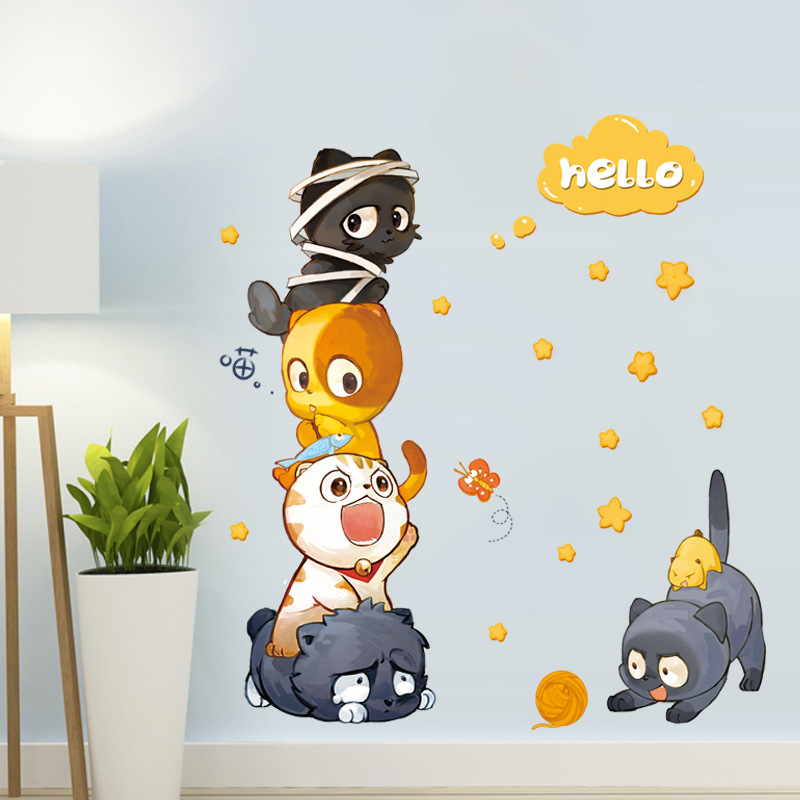 Decal dán tường mèo con dễ thương Hello - decan cao cấp có keo sẵn bóc dán ngay tại nhà