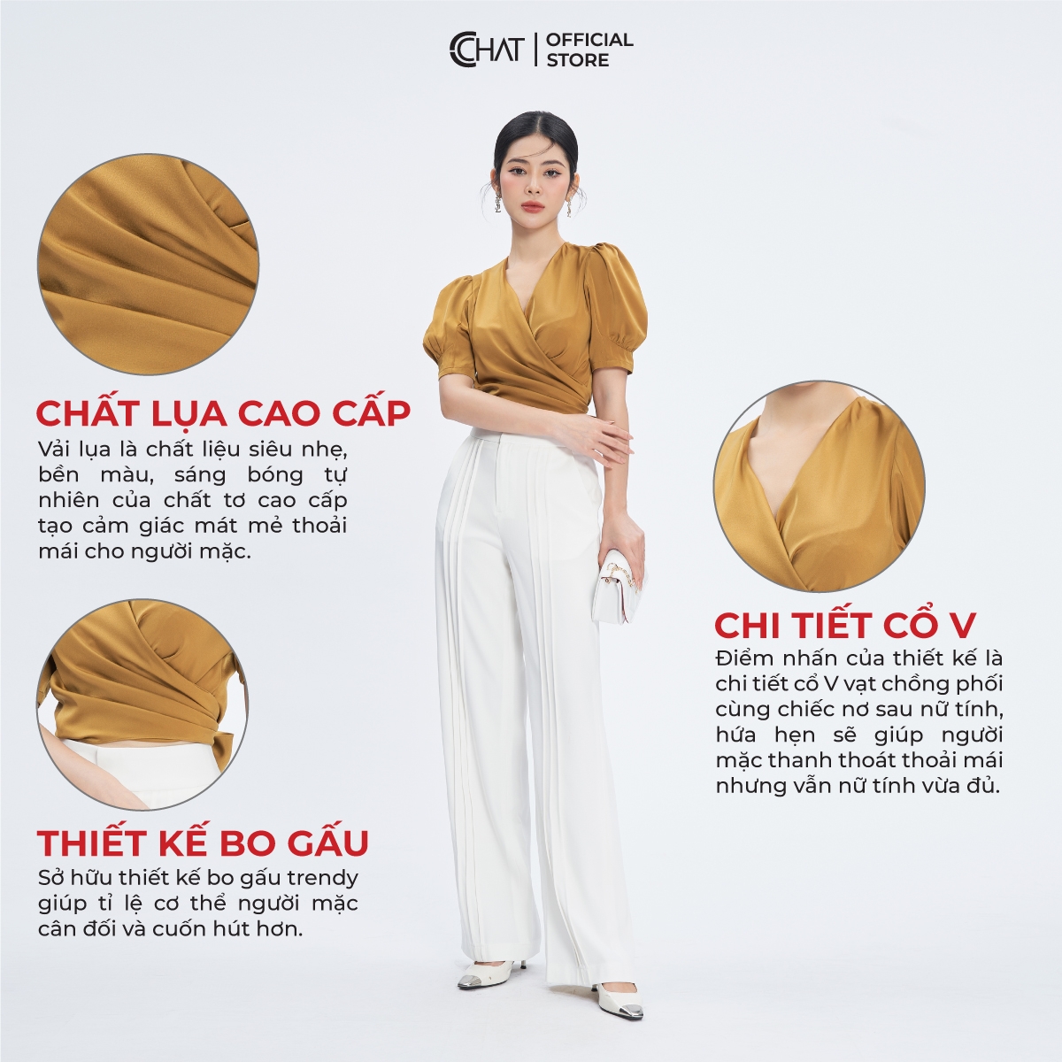 Áo Sơ Mi Nữ  Cổ V Ly Tay Cộc Chất Liệu Lụa Cao Cấp 13ANL2006GT