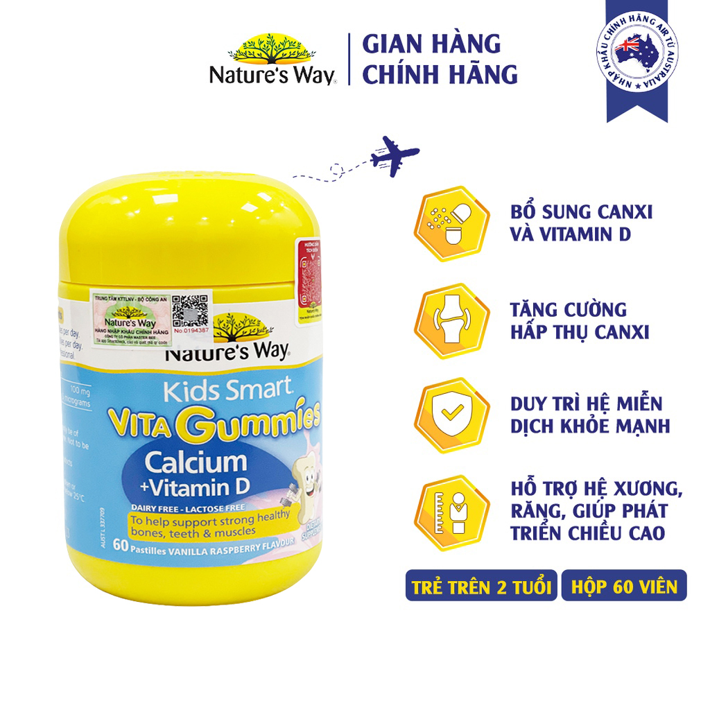 Kẹo Dẻo Canxi Cho Bé Nature’s Way Kids Smart Vita Gummies Calcium + Vitamin D 60 Viên