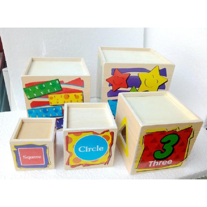 Đồ chơi hộp thả khối gỗ, xếp tháp 5 tầng lớp phát triển tư duy cho bé